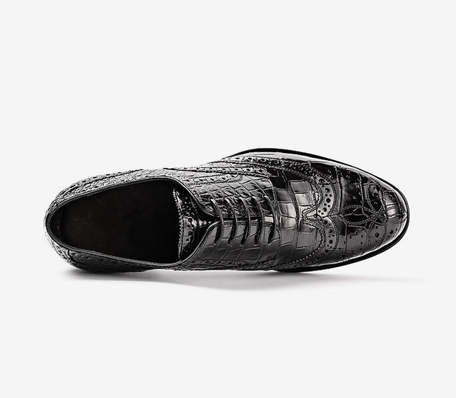 Handmade Black Wing Tip Crocodile Leather Derby Laces Dress Shoes, Business Shoe