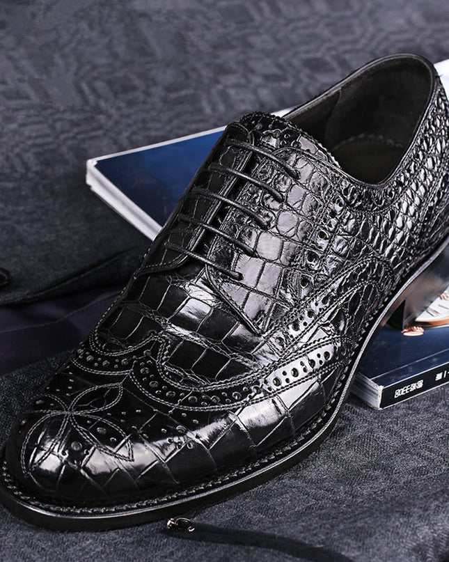 Handmade Black Wing Tip Crocodile Leather Derby Laces Dress Shoes, Business Shoe