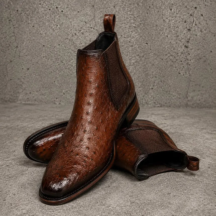 New dark brown ostrich textured leather chelsea boots, formal pull on dress boot for mens