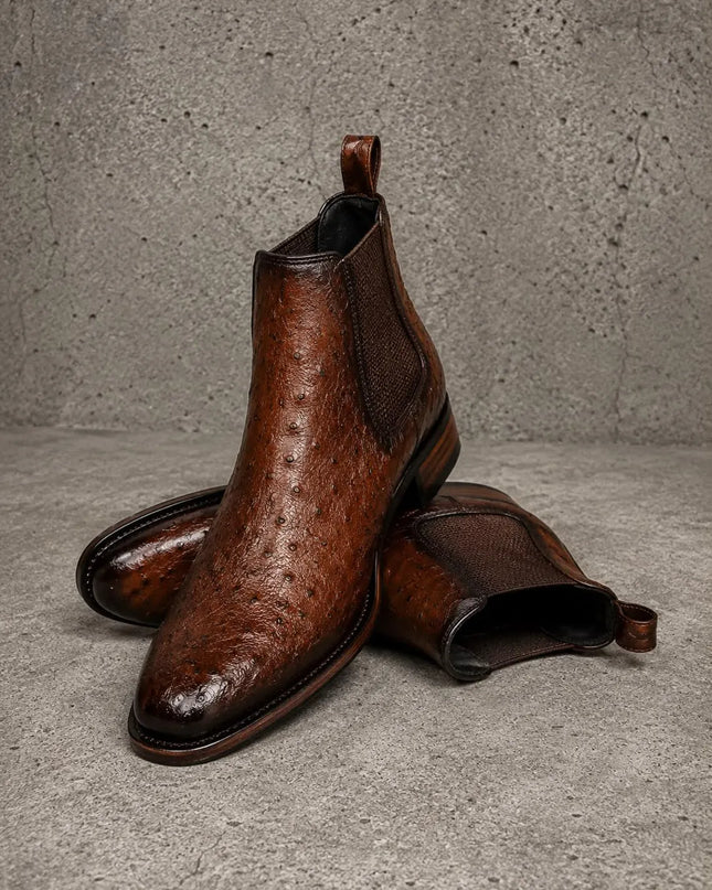 New dark brown ostrich textured leather chelsea boots, formal pull on dress boot for mens