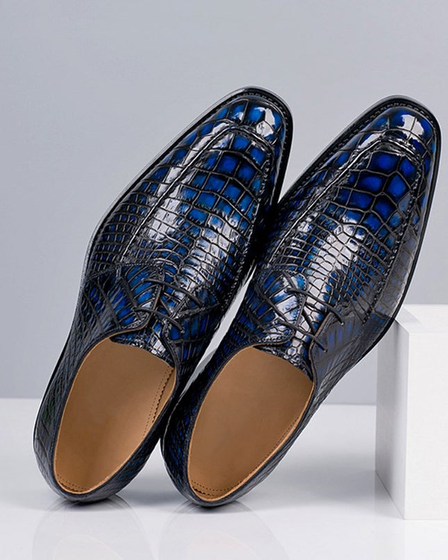 Handmade Men Shaded Blue Crocodile Leather Derby Lace Up Business Shoes