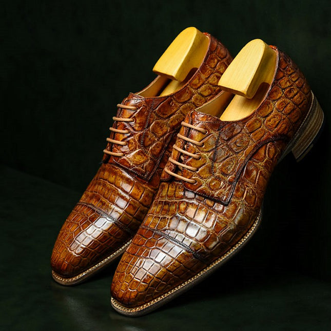 Handmade Stylish Light Tan Men Crocodile Leather Derby Lace Up Business Shoes