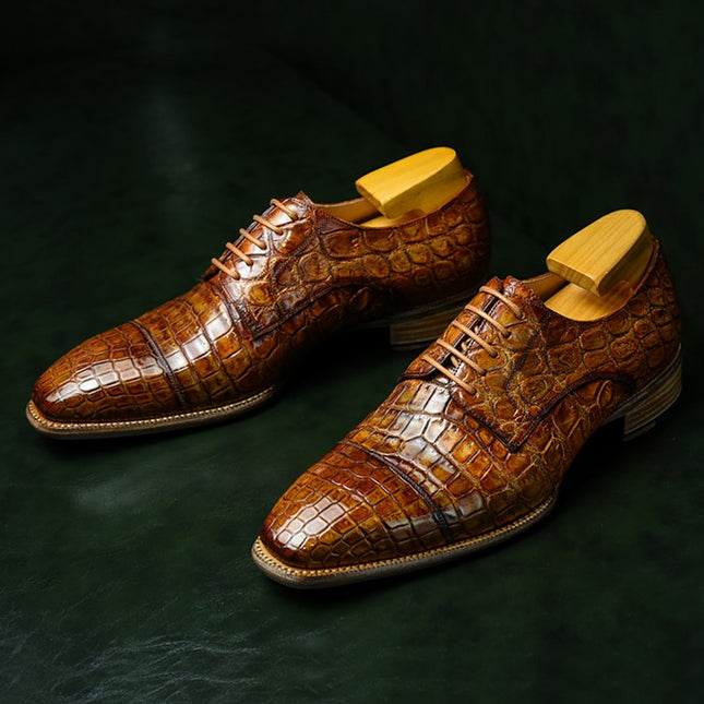 Handmade Stylish Light Tan Men Crocodile Leather Derby Lace Up Business Shoes