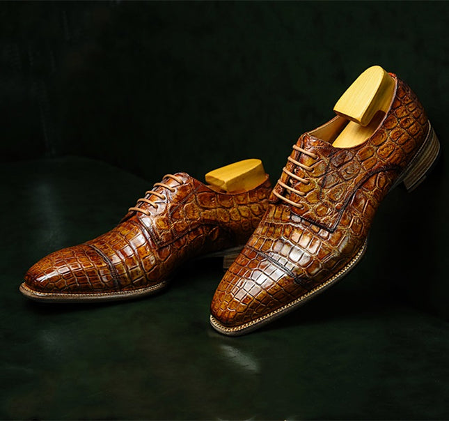 Handmade Stylish Light Tan Men Crocodile Leather Derby Lace Up Business Shoes