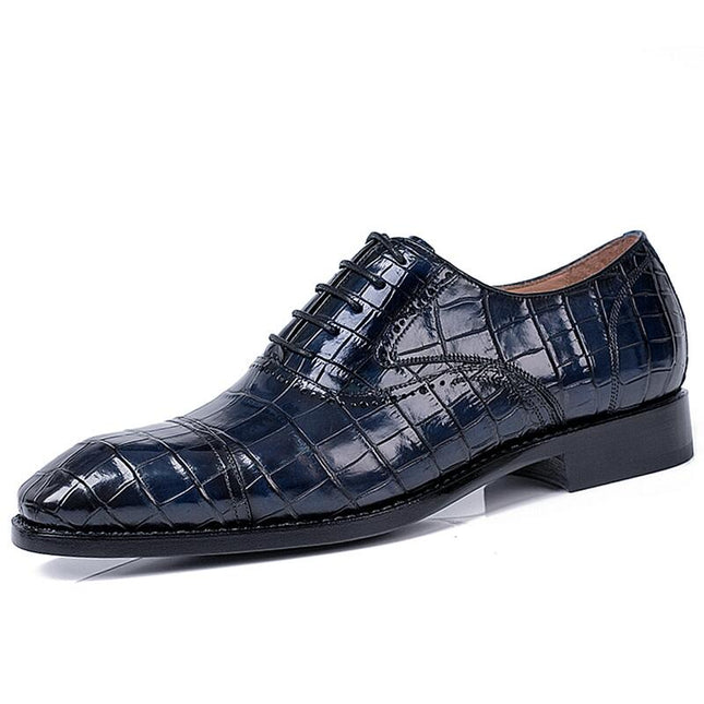 Handmade Stylish Men Shaded Blue Crocodile Leather Lace Up Business Shoes