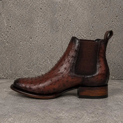 New dark brown ostrich textured leather chelsea boots, formal pull on dress boot for mens