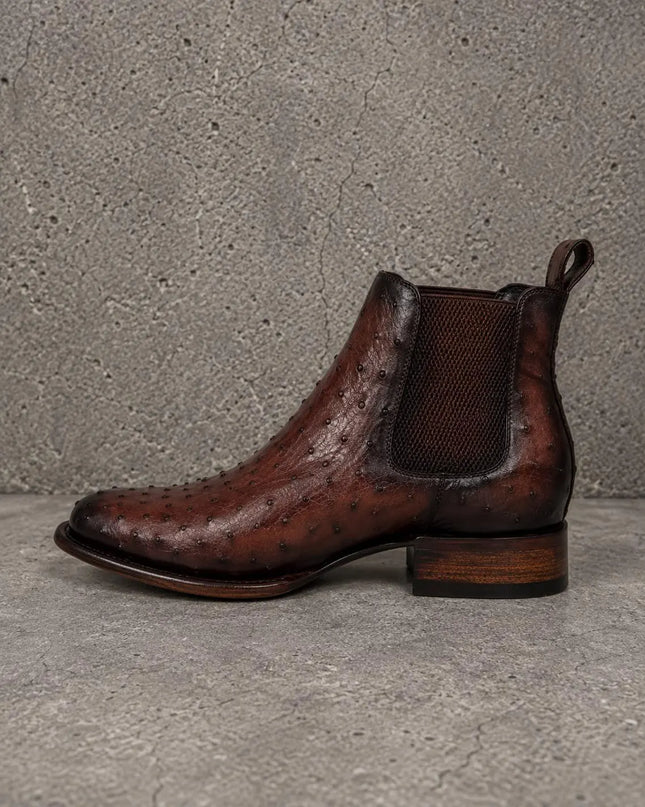 New dark brown ostrich textured leather chelsea boots, formal pull on dress boot for mens