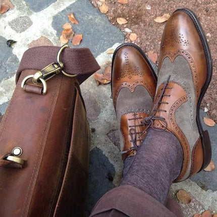 Handmade Men Brown Leather and Gray Suede Wing Tip Brogue Dress Shoes, Formal Shoes