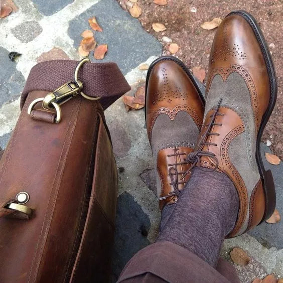 Handmade Men Brown Leather and Gray Suede Wing Tip Brogue Dress Shoes, Formal Shoes
