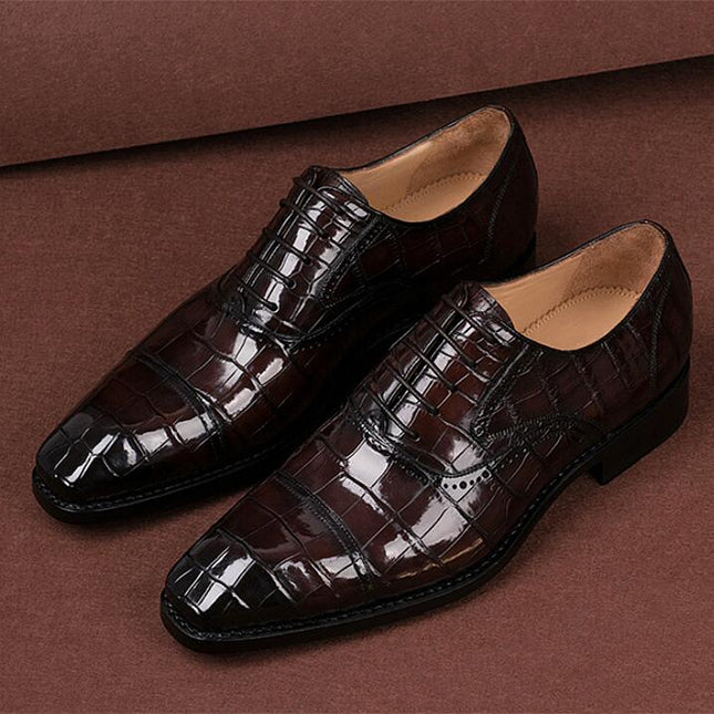 Handmade Stylish Men Shaded Brown Crocodile Leather Lace Up Business Shoes