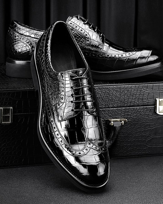 Handmade Stylish Men Wing Tip Derby Black Crocodile Leather Lace Up Dress Shoes