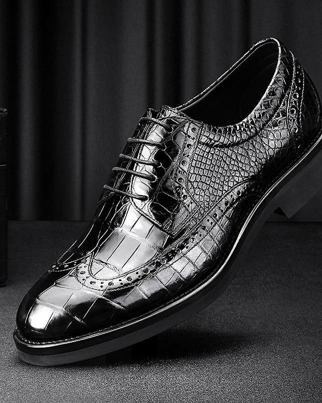 Handmade Stylish Men Wing Tip Derby Black Crocodile Leather Lace Up Dress Shoes