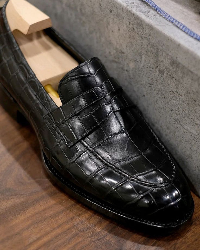 Handmade Men Black Crocodile Leather Business Loafers, New Party Wear Moccasins