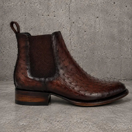 New dark brown ostrich textured leather chelsea boots, formal pull on dress boot for mens