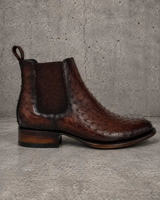 New dark brown ostrich textured leather chelsea boots, formal pull on dress boot for mens