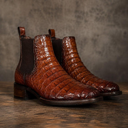New brown crocodile leather handmade chelsea boots, formal pull on dress boot for mens