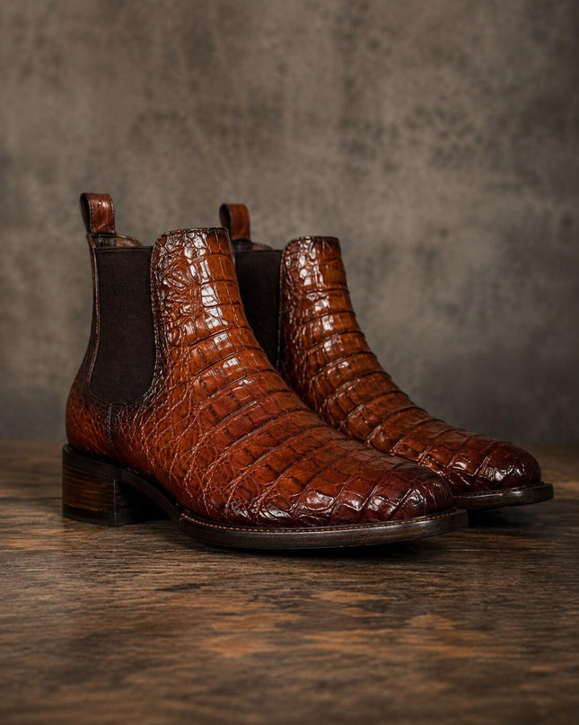New brown crocodile leather handmade chelsea boots, formal pull on dress boot for mens