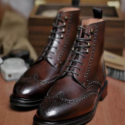 New Men’s Handmade Brown Leather Wing Tip Brogues High Ankle Lace Up Dress Boots