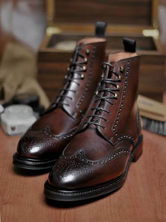 New Men’s Handmade Brown Leather Wing Tip Brogues High Ankle Lace Up Dress Boots