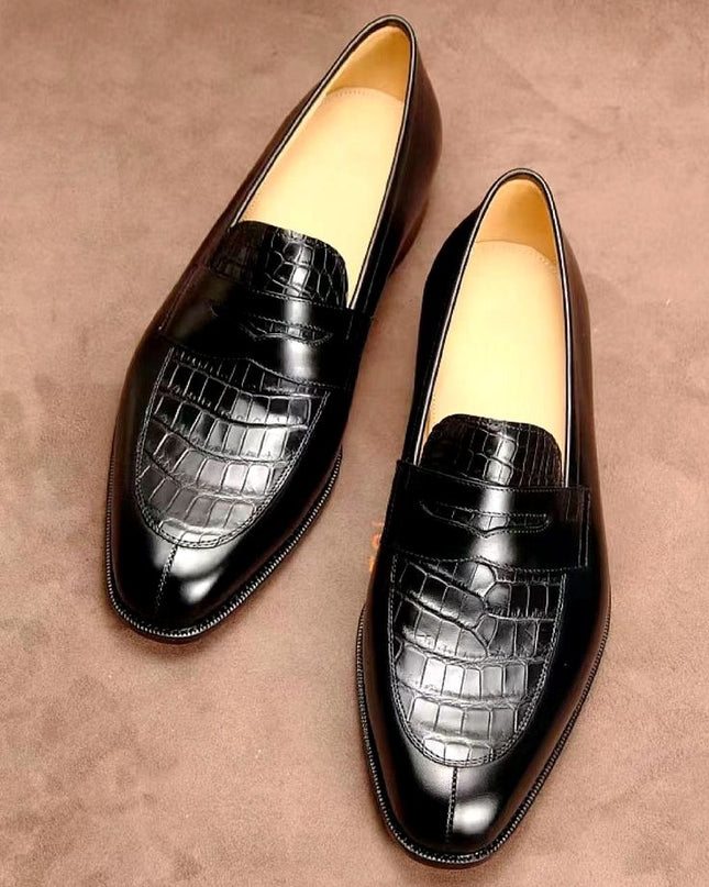 Handmade Black Men Penny Crocodile Leather Loafers, New Party Wear Moccasins
