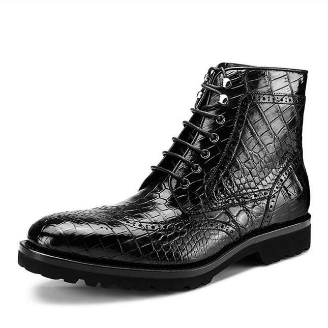 Handmade Men Black Wing Tip Crocodile Leather High Ankle Lace Up Dress Boots