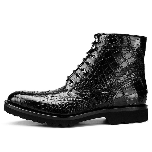 Handmade Men Black Wing Tip Crocodile Leather High Ankle Lace Up Dress Boots