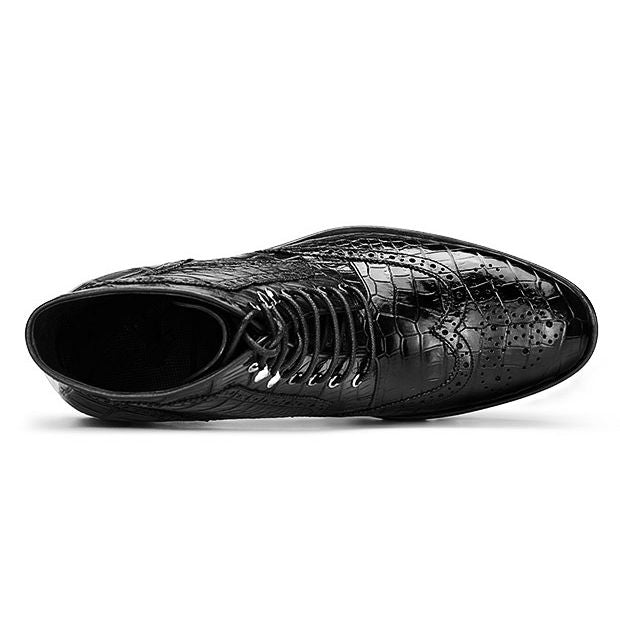 Handmade Men Black Wing Tip Crocodile Leather High Ankle Lace Up Dress Boots