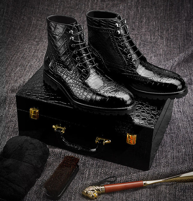Handmade Men Black Wing Tip Crocodile Leather High Ankle Lace Up Dress Boots