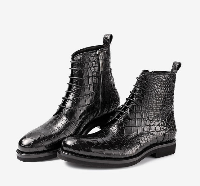 Handmade Men Black Wing Tip Crocodile Leather High Ankle Lace Up Dress Boots