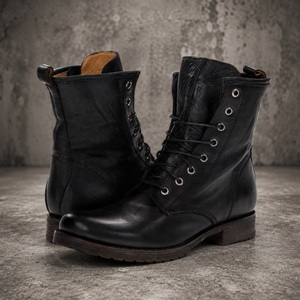 Handmade Men Black Leather High Ankle Boots, Lace up Cowboy Boots