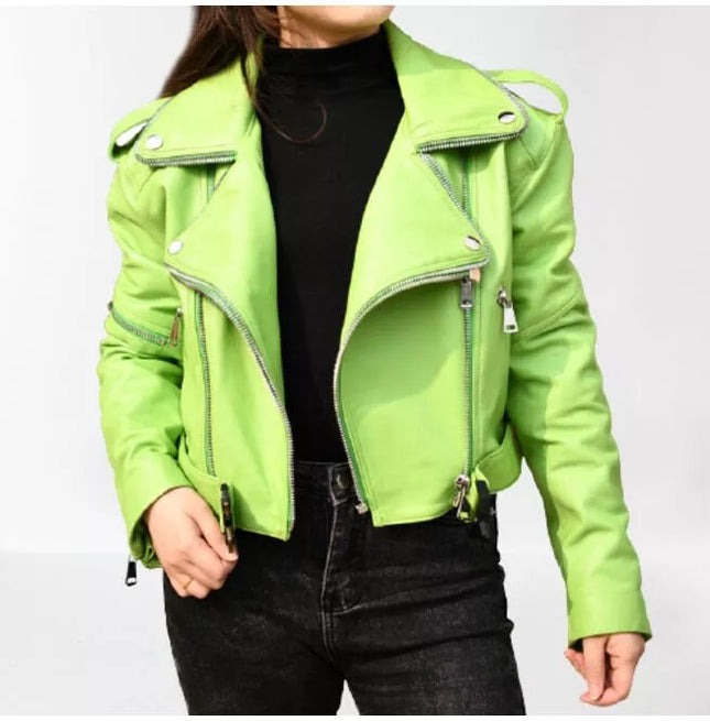 Light Green Leather Jacket for Women, Biker Fashion Leather Jackets