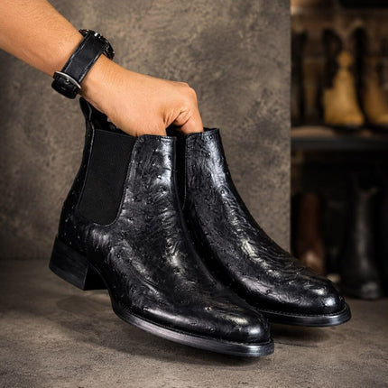 New black ostrich leather handmade chelsea boots, formal pull on dress boot for mens