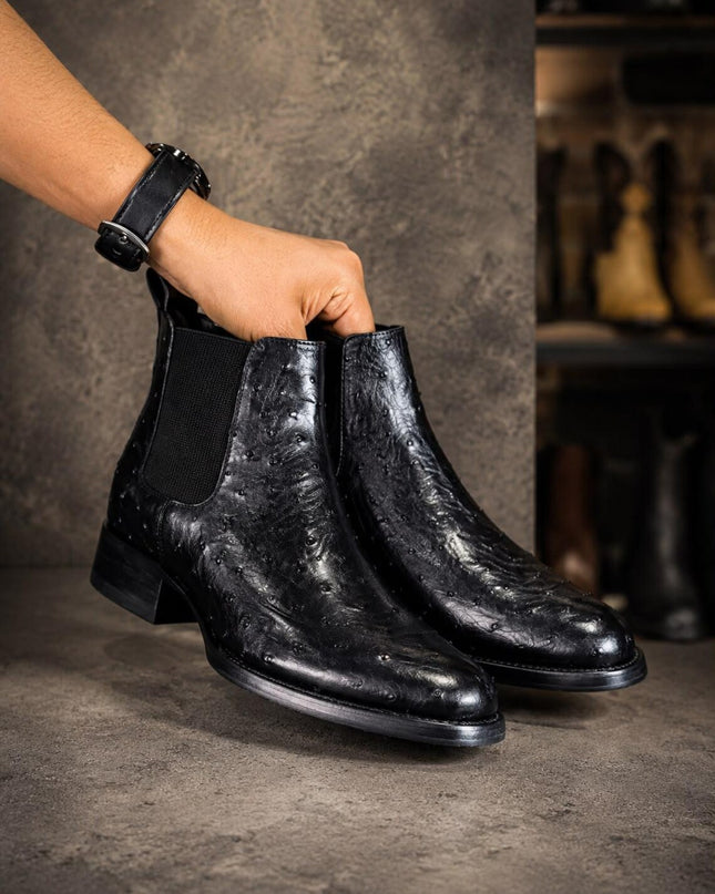 New black ostrich leather handmade chelsea boots, formal pull on dress boot for mens