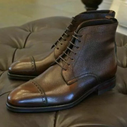 Handmade Men Brown Leather Brogue Ankle Boots, Hiking Jungle Boots, Biker Boots