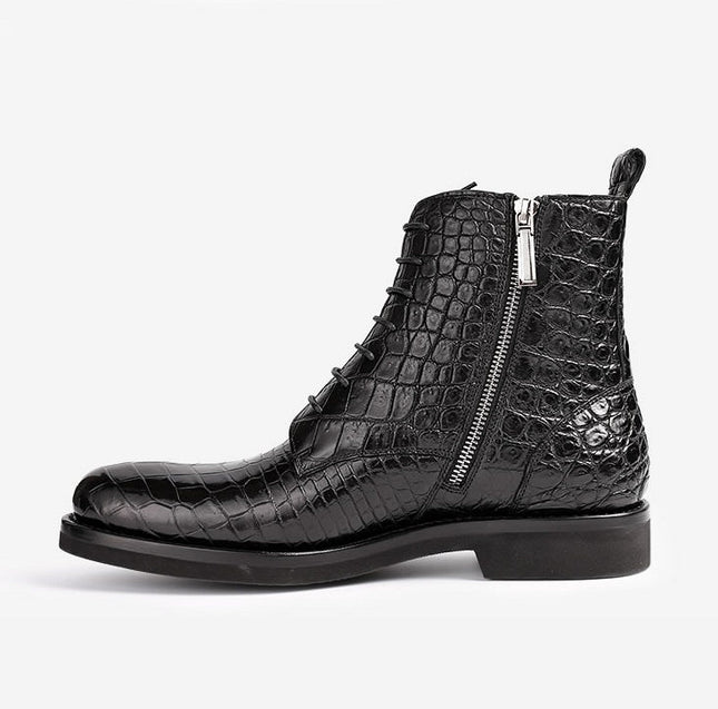 Handmade Black Crocodile Leather High Ankle Side Zipper Dress Lace Up Boots