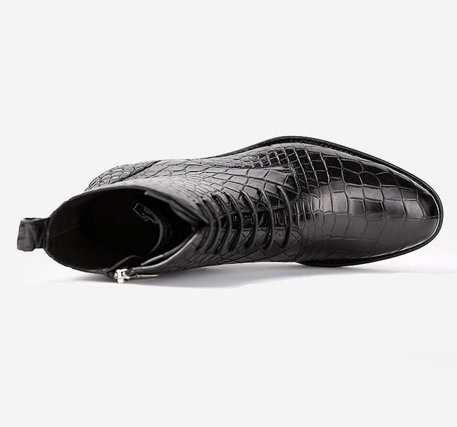 Handmade Black Crocodile Leather High Ankle Side Zipper Dress Lace Up Boots