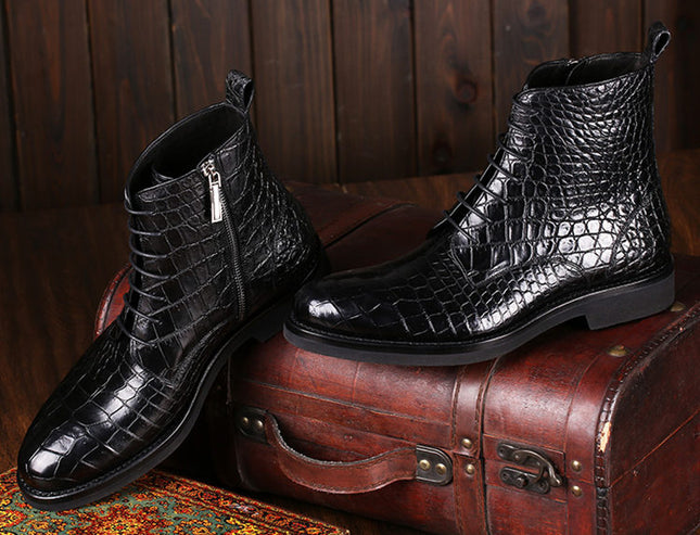 Handmade Black Crocodile Leather High Ankle Side Zipper Dress Lace Up Boots