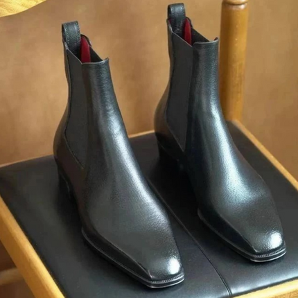 Handmade Men Black Leather Chelsea High Ankle Pull On Dress Boots, Formal Boots