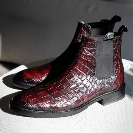 Handmade Men Red Chelsea Crocodile Leather Ankle Pull On Dress Boot, Formal Boot
