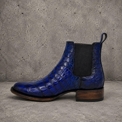 Handmade men blue crocodile leather chelsea boots, formal pull on dress boot for mens