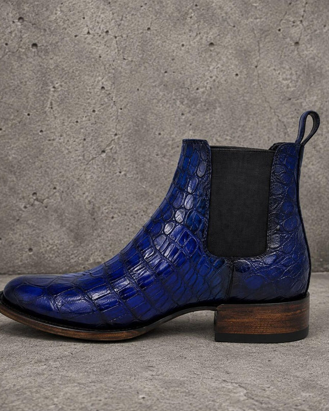 Handmade men blue crocodile leather chelsea boots, formal pull on dress boot for mens