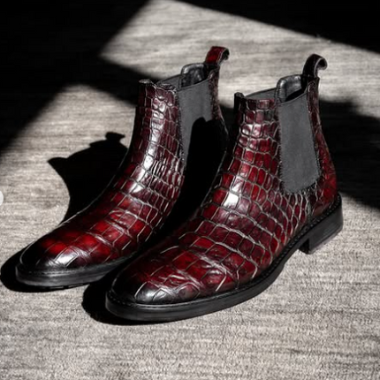 Handmade Men Red Chelsea Crocodile Leather Ankle Pull On Dress Boot, Formal Boot