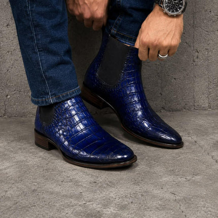 Handmade men blue crocodile leather chelsea boots, formal pull on dress boot for mens