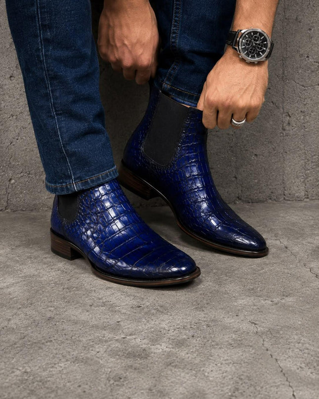 Handmade men blue crocodile leather chelsea boots, formal pull on dress boot for mens