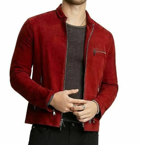 Handmade Men’s Red Suede Leather Jacket Motorcycle Biker Jacket For Men