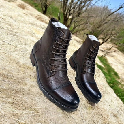 Handmade Dark Brown Leather Men Ankle Lace Up Hiking Boot, Biker Boot