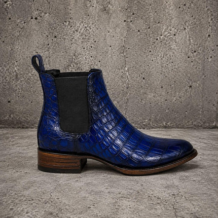 Handmade men blue crocodile leather chelsea boots, formal pull on dress boot for mens