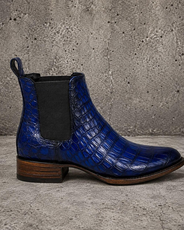 Handmade men blue crocodile leather chelsea boots, formal pull on dress boot for mens
