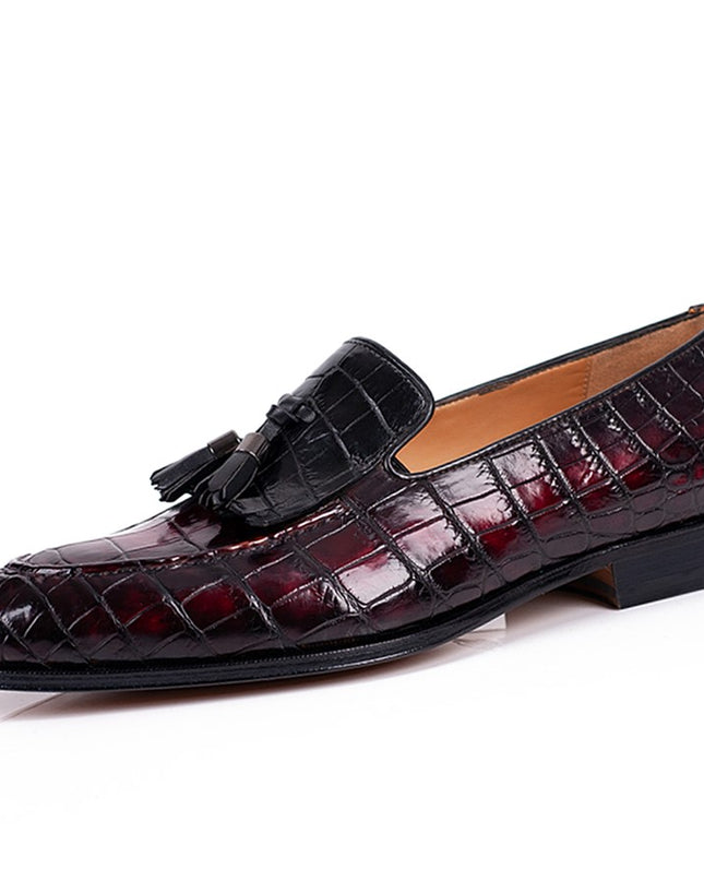 Handmade Men Shaded Maroon Crocodile Leather Tassels Loafer, Party Moccasins