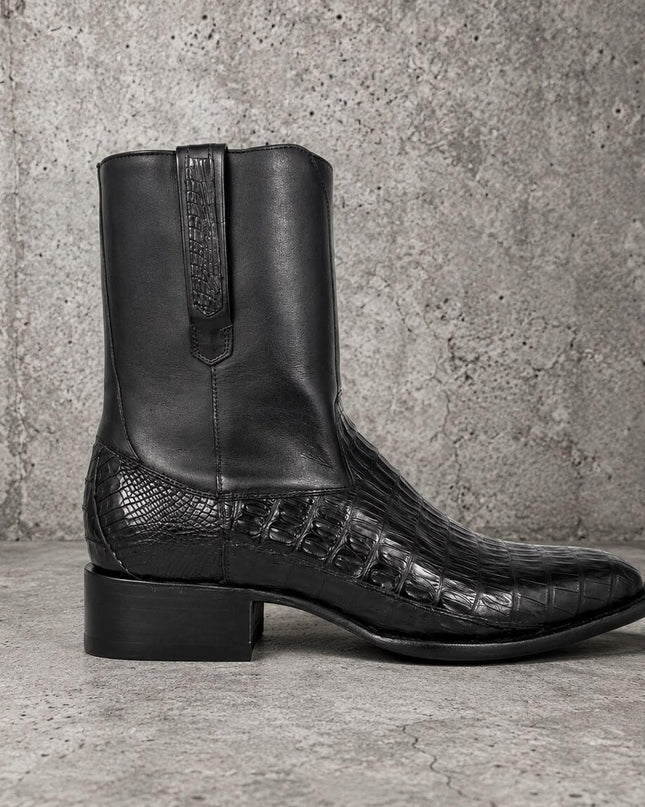 New men handmade black crocodile leather zipper ankle boots, Cowboy boots for mens